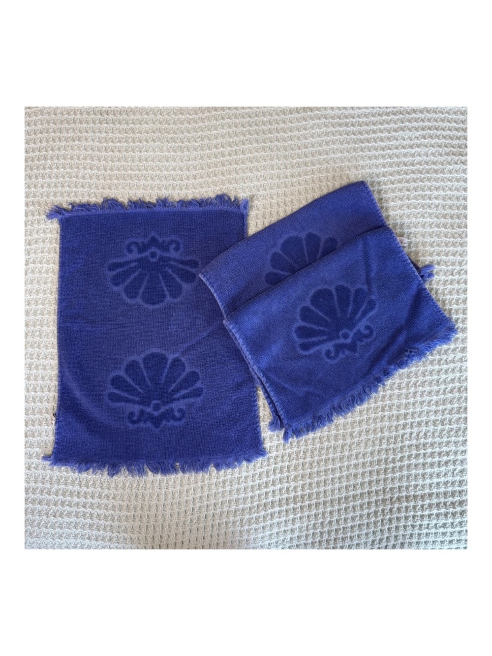 Vintage Fieldcrest Lot 3 Shell Decorative Towels Royal Blue Fringe Sculpted MCM